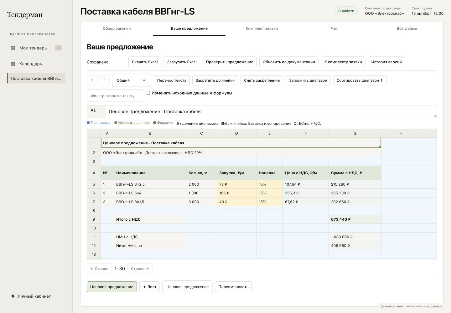 Excel-книга предложения: закупочные цены на кабель, наценка 15 процентов, расчёт с НДС и итог 673 440 рублей